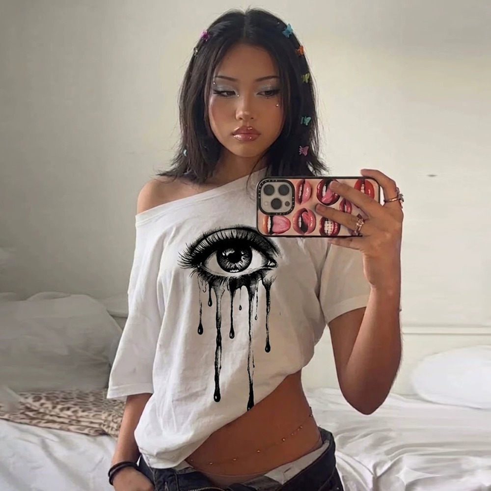 Zara Retro Big Eye Lash Print Off Shoulder Short Sleeve Tee Subculture Top